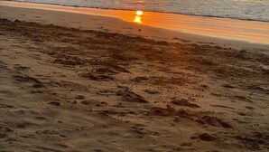 A beach at sunset with the sun reflecting on the water.