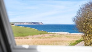 A coastal landscape with a grassy field, a body of water, and a distant cliff. - Nice home in Grenaa with sauna (Grenaa)
