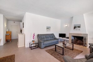 Un salon moderne avec un canapé gris, une cheminée, un téléviseur et une petite table sur laquelle est posé un vase.