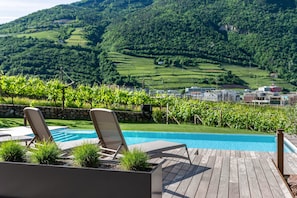Un espace piscine avec des chaises longues et une vue sur un vignoble.