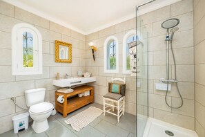 Shower, free toiletries, hair dryer, towels