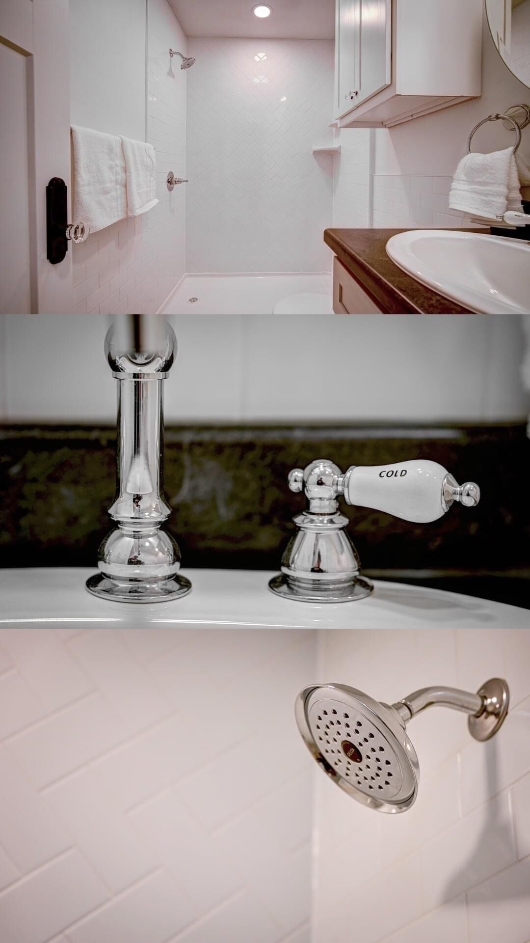 A bathroom with a bathtub, a sink with a glass pitcher, and a shower with a perforated showerhead.
