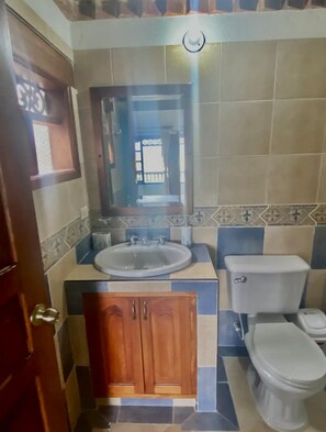Un baño con lavamanos, espejo, inodoro y armario de madera.