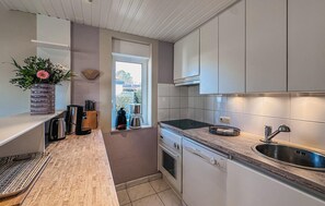 Een koelkast, een oven, een kookplaat, een vaatwasser