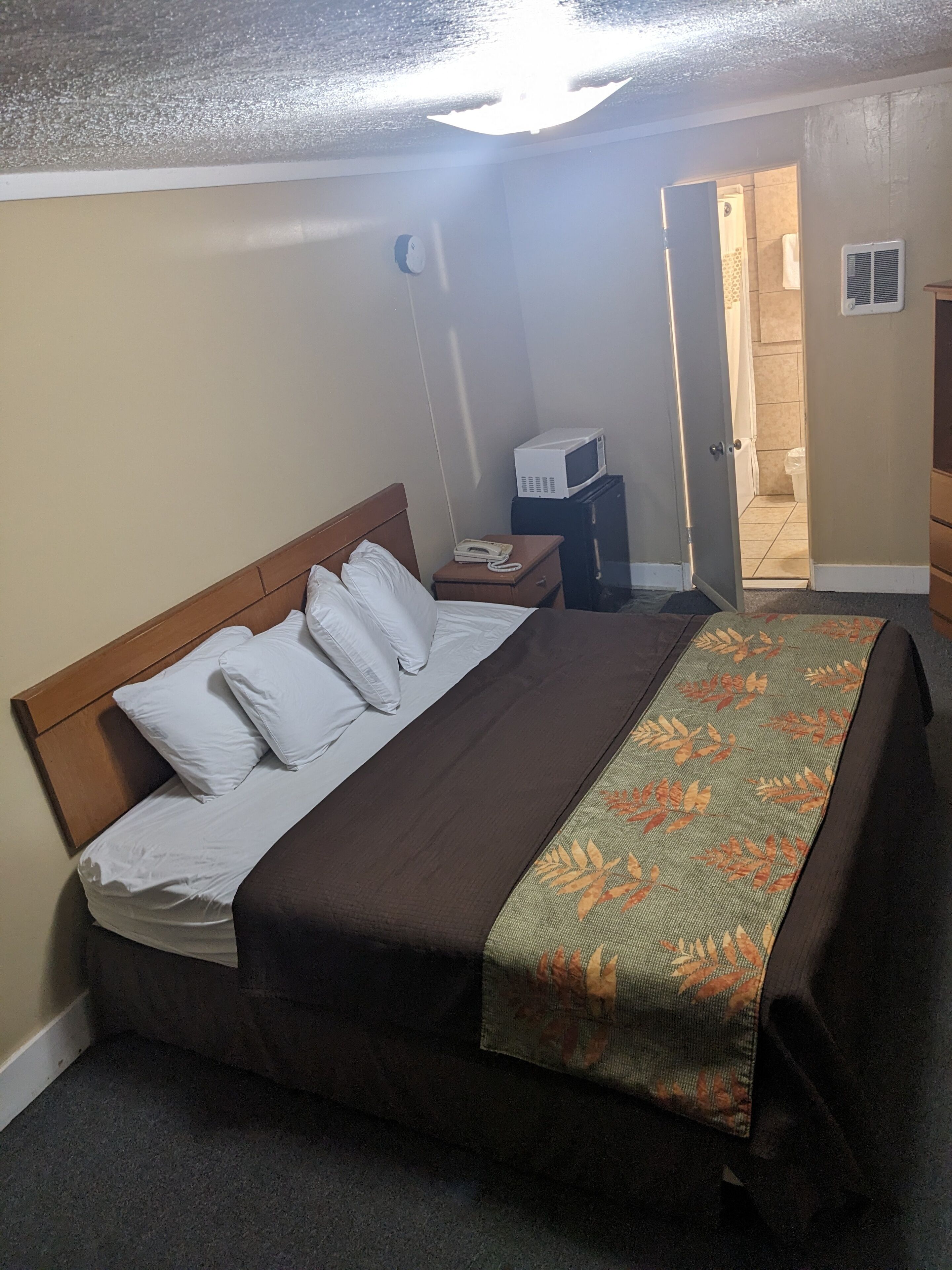 A hotel room with a bed, a bedside table with a phone and a microwave, a door leading to a bathroom, and a patterned throw on the bed.