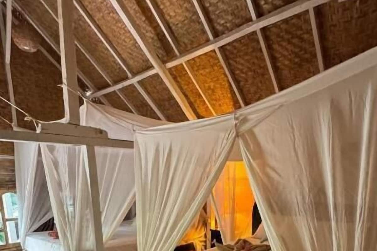 A room with two elevated beds covered with white canopies, wooden beams on the ceiling, and a wooden floor.