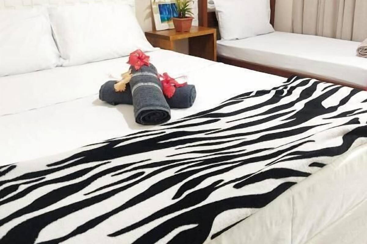 A neatly made bed with a zebra print bedspread, a small bedside table with a plant, and a framed picture on the wall.
