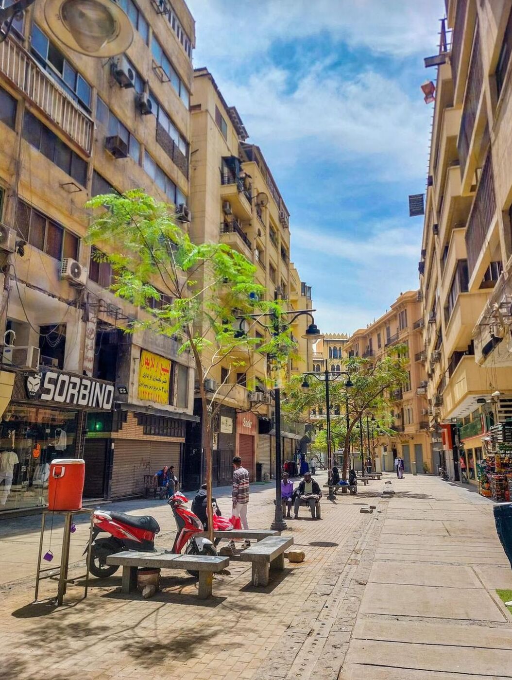 Calle con edificios, una motocicleta estacionada y un árbol.