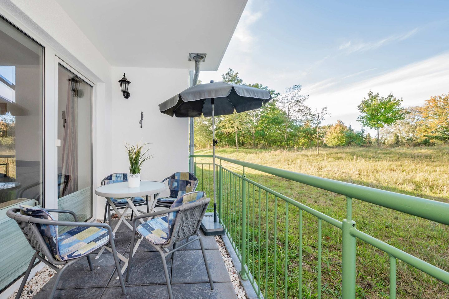 Ein Balkon mit Tisch und Stühlen, einem Blumentopf und Blick auf ein Wiesenfeld.