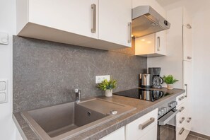 A modern kitchen with a double sink, stainless steel appliances, and a backsplash. - DHH Anemone - Gemütliche Doppelhaushälfte für bis zu 6 Personen, mit Kamin und Terrasse (Korswandt)