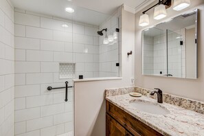 Shower, towels, soap, shampoo - Lakes View at Hound Ears - condo overlooking lakes, mountain (Boone)