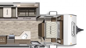 Un modèle de camping-car compact doté d’une kitchenette, d’un coin repas, de rangements pratiques, de lits superposés, d’un réfrigérateur, d’un four et d’une cuisinière Coleman.
