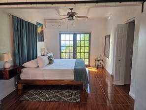 A bedroom with a bed, a ceiling fan, a window with a view, and a door.