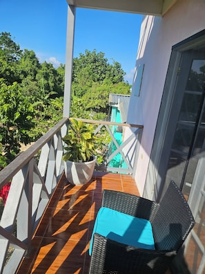 Un balcon avec un fauteuil en osier, une plante en pot et une vue sur une végétation luxuriante.