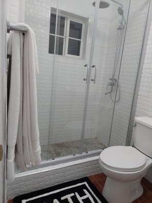 Shower, towels, soap, shampoo