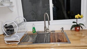 Una cocina con un lavamanos de acero inoxidable, un escurreplatos, una botella de detergente y una planta en maceta.