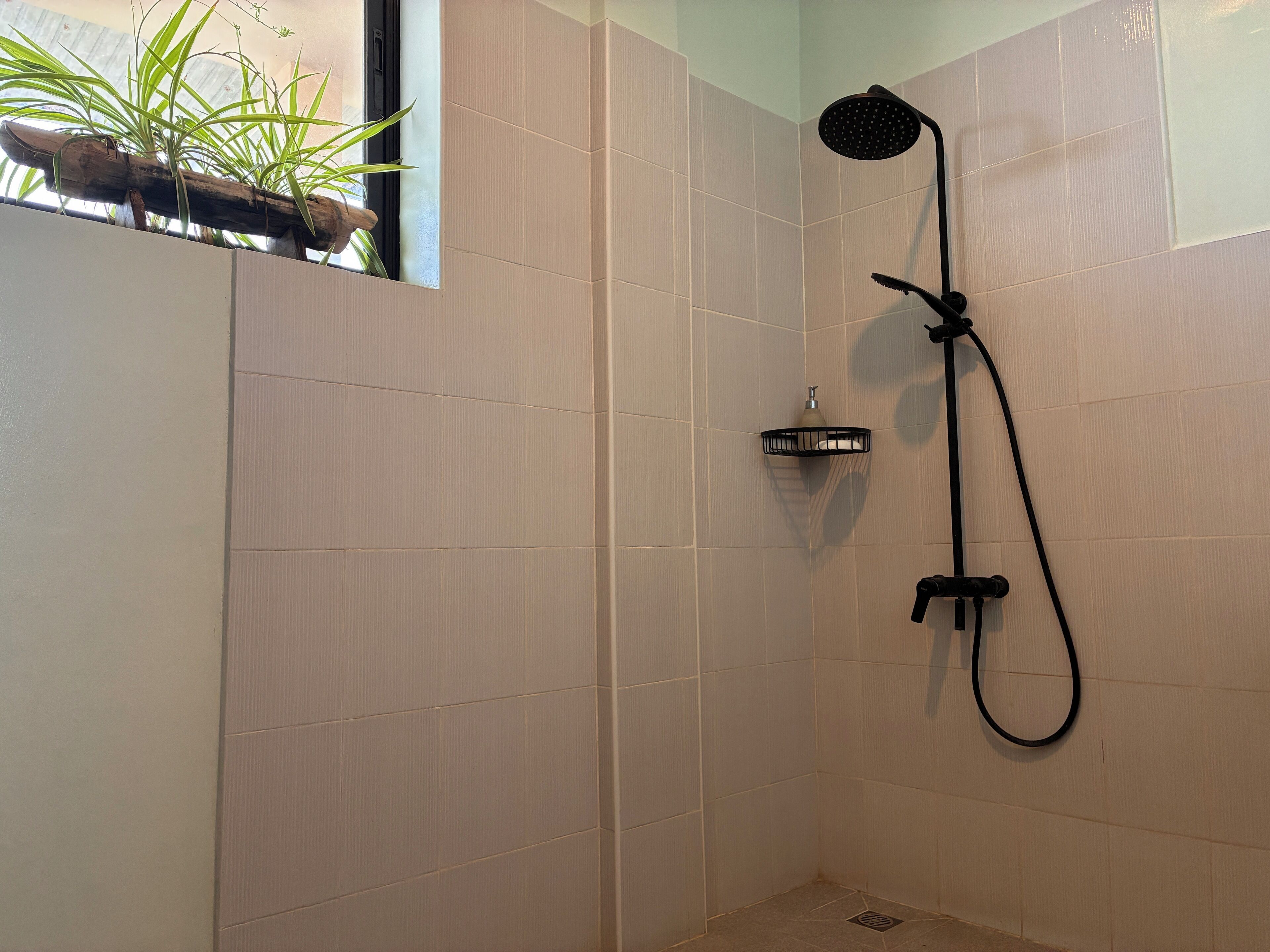 A shower with a handheld showerhead, a wall-mounted faucet, and a soap dispenser.