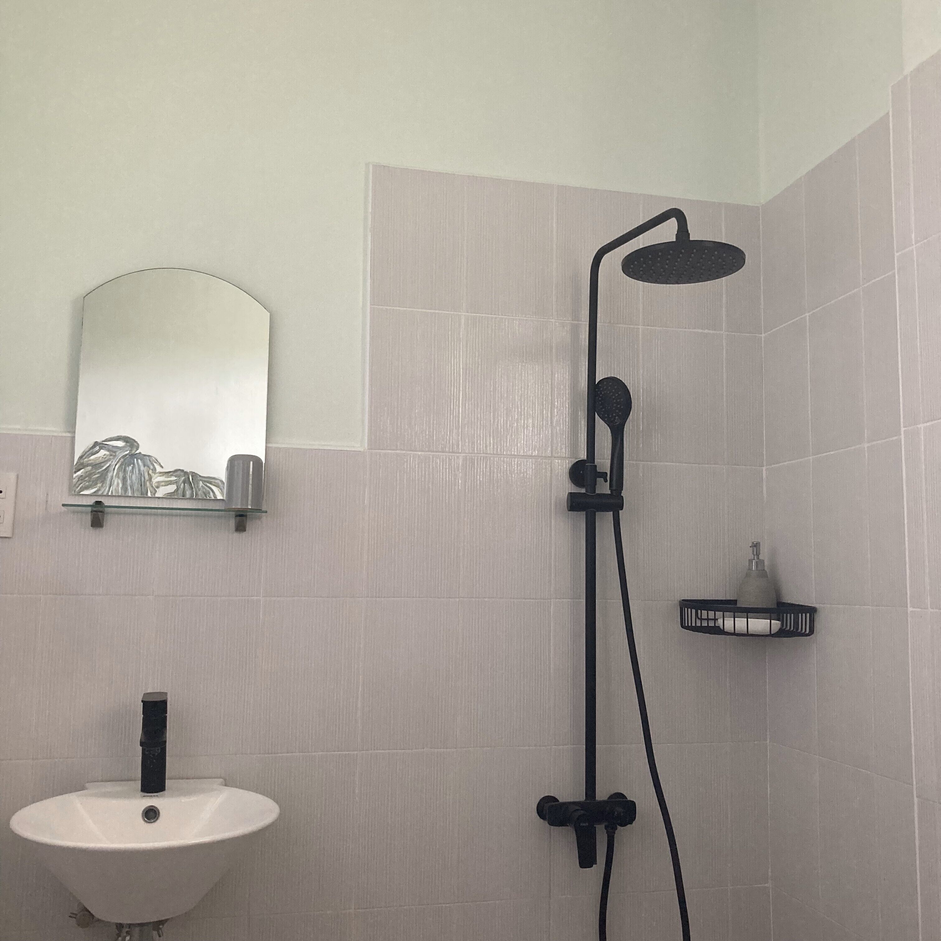 A bathroom with a white sink, a mirror, and a shower with a handheld showerhead.