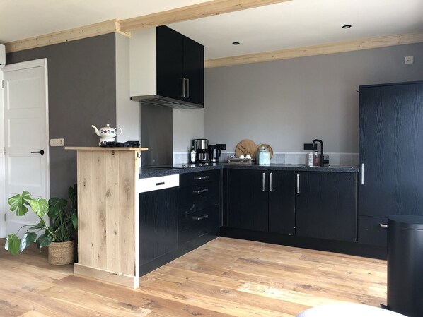 Fridge, stovetop, dishwasher, coffee/tea maker