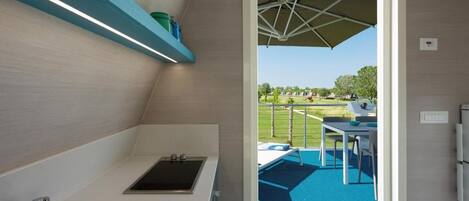 Fridge, microwave, stovetop, high chair