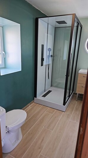 Un baño moderno con ducha envuelta en vidrio, inodoro y tocador con cajones.