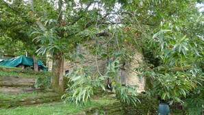 Un bâtiment rustique en pierre, entouré d’une végétation luxuriante et délimité par une clôture en bois.