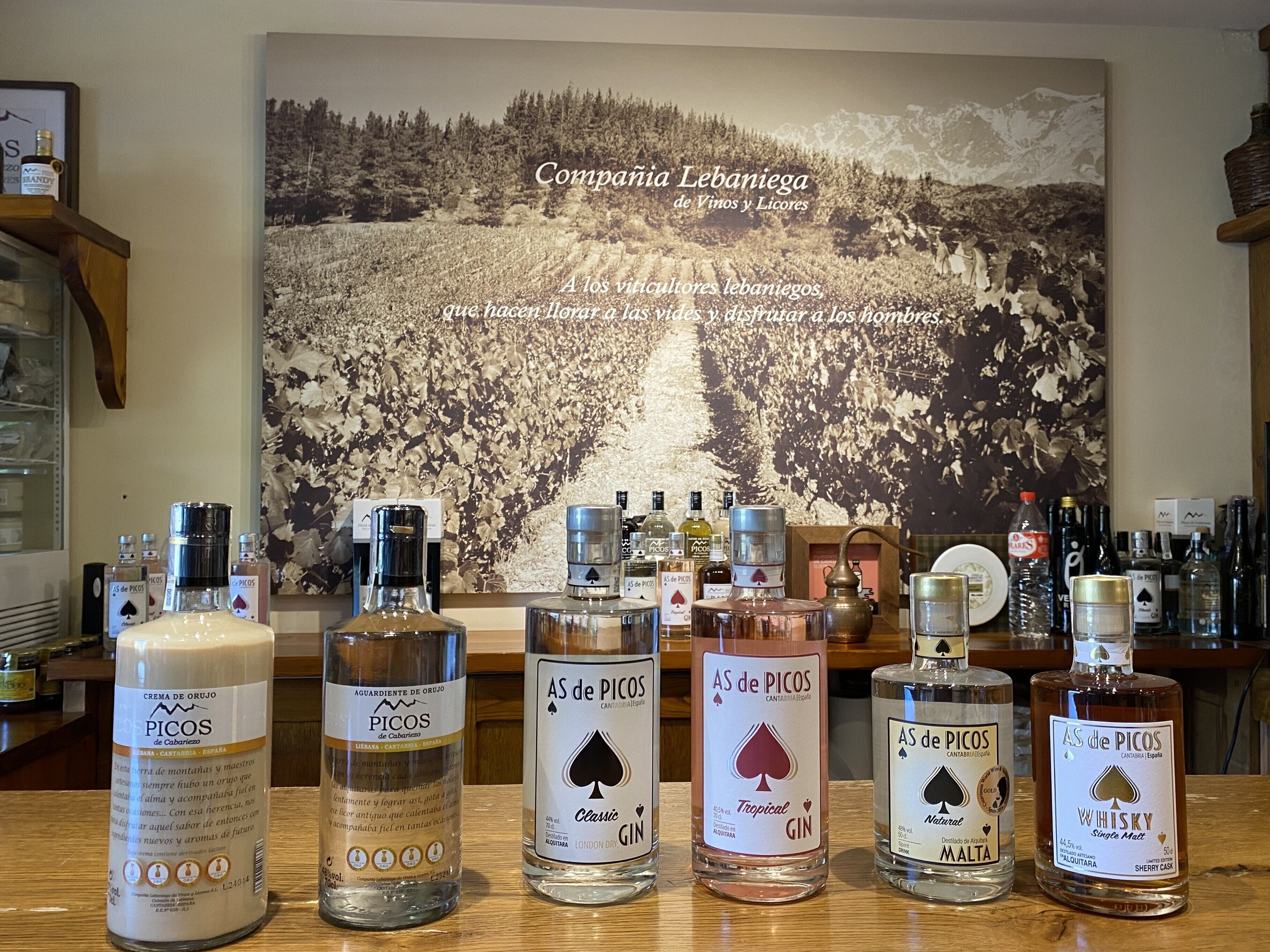 A selection of Picos liquor bottles on a bar counter with a scenic backdrop.