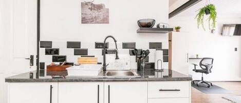 Fridge, microwave, stovetop, coffee/tea maker