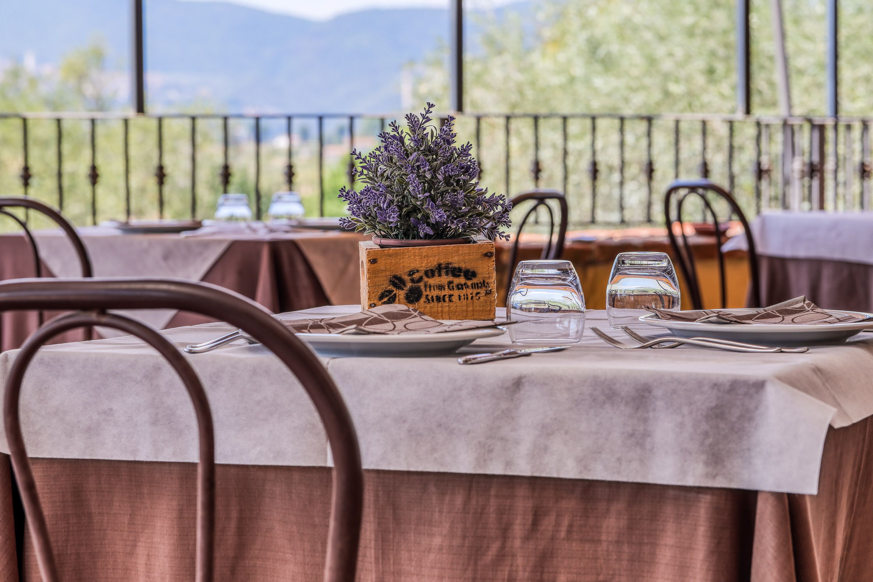 A table set for dining with a view of mountains, a wooden planter with lavender, and a sign reading "Coffee from Guatemala."