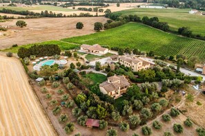 An aerial view of a property with a swimming pool, multiple buildings, and surrounding vineyards. - Agriturismo Regno Verde (Narni)