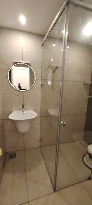 Shower, hair dryer, bidet, towels