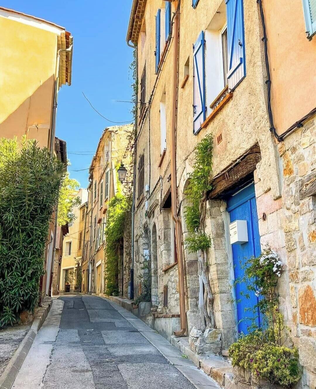 Una calle estrecha en Lorgues con edificios de piedra, contraventanas azules y vegetación.