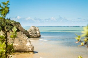 A coastal landscape with cliffs and a sandy beach.