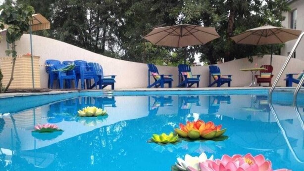 Ein Swimmingpool mit aufblasbaren Lotusblumen und blauen Stühlen darum herum.