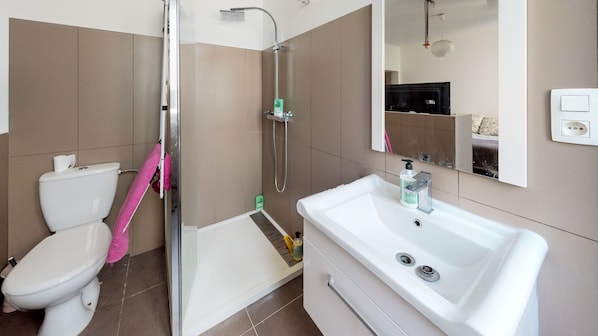 Hair dryer, towels, soap, toilet paper