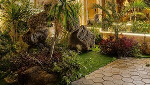 A multi-story hotel with a well-lit facade, outdoor garden with rocks and plants, and a hexagonal tile pathway. - Aziz Egypt Pyramids Hotel (Giza)