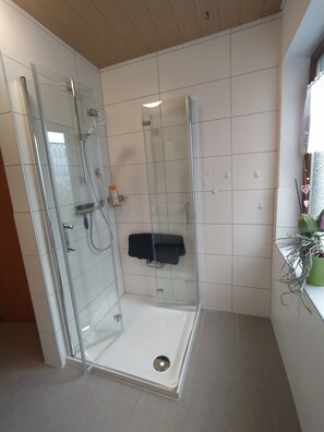 Shower, towels, soap, toilet paper