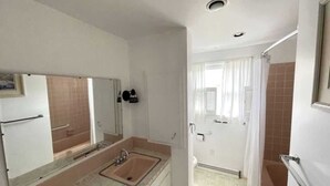 Un baño con lavamanos, espejo y zona de ducha.