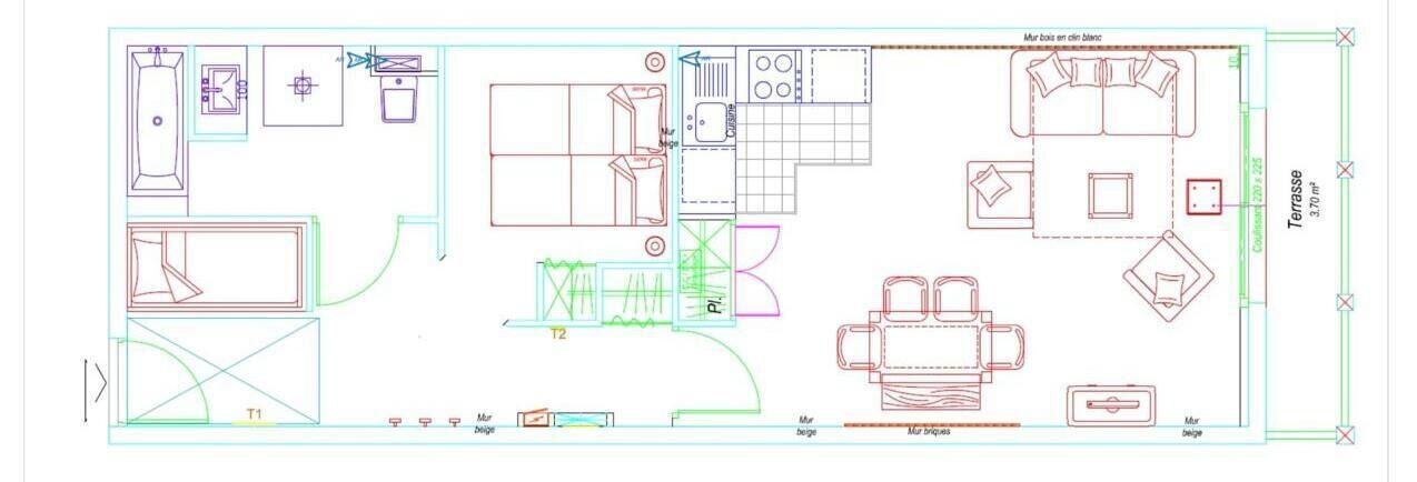 A floor plan with multiple rooms, including a kitchen, bathroom, and living area.