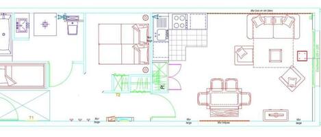 A floor plan with multiple rooms, including a kitchen, bathroom, and living area.