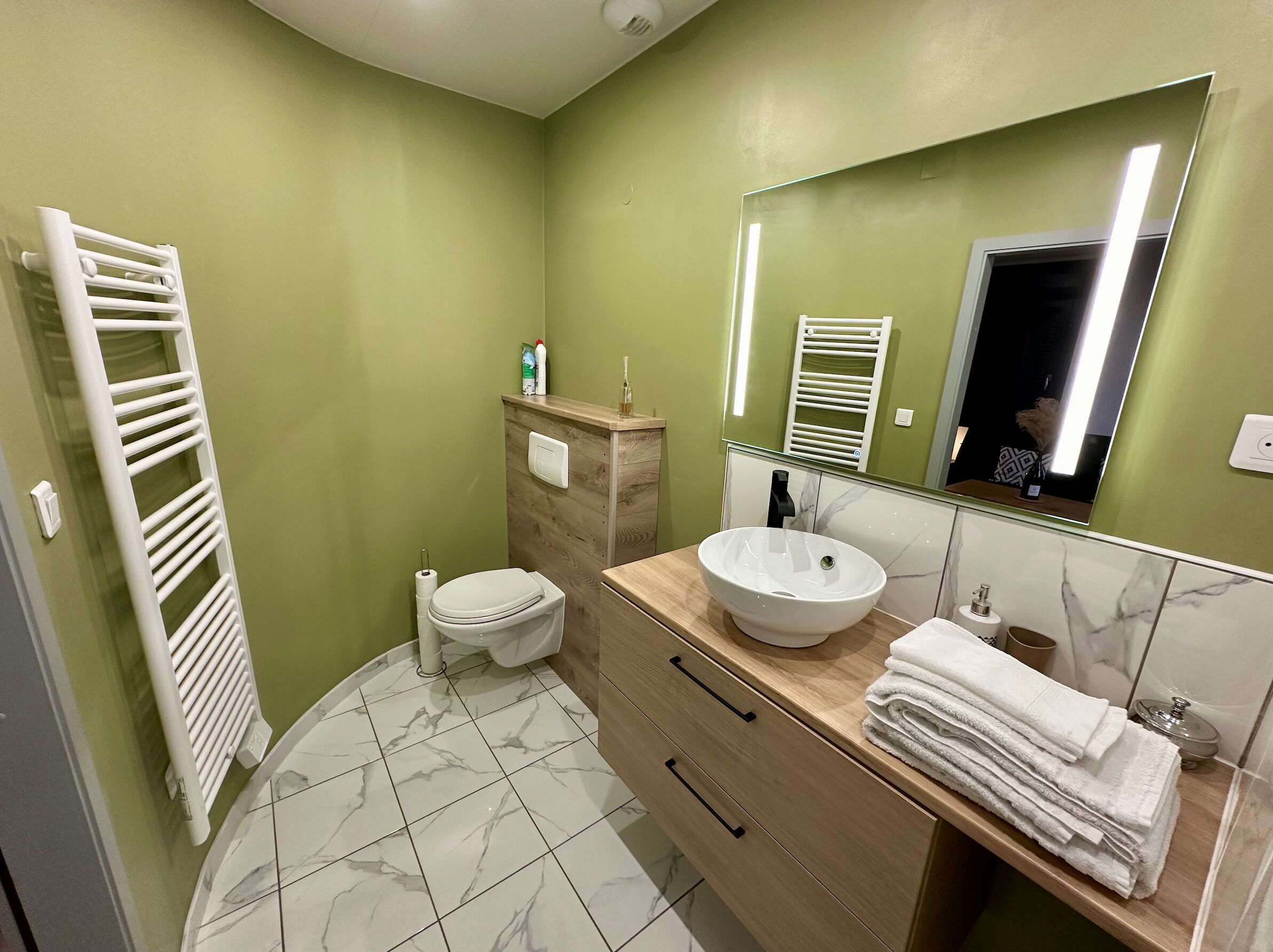 Shower, hair dryer, towels, toilet paper