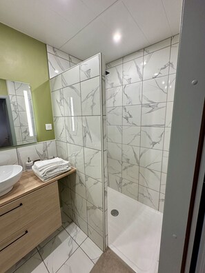 Shower, hair dryer, towels, toilet paper