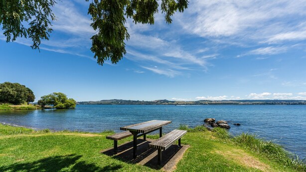 Una mesa de picnic junto a un lago, con zonas verdes y árboles.