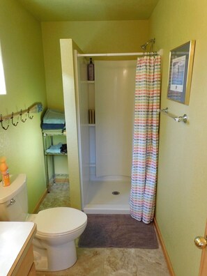 Chuveiro, secador de cabelo, toalhas de banho, sabonete