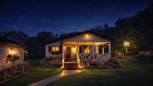 A house with a porch, a small garden with flowers, and a starry night sky.