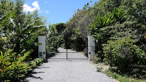 Una entrada con portón a una propiedad rodeada de abundante vegetación.