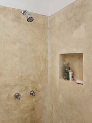 Shower, towels, soap, shampoo