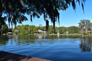 A calm lake with a wooden dock and trees with hanging moss. - RAINBOW RANCH CABINS (Dunnellon)
