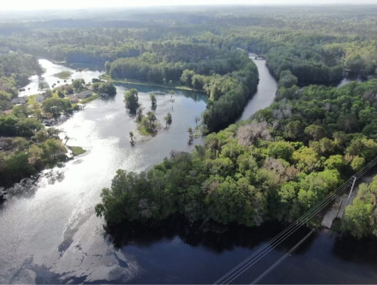 Une vue aérienne d’une rivière qui serpente à travers une zone densément boisée, avec un pont enjambant l’eau.