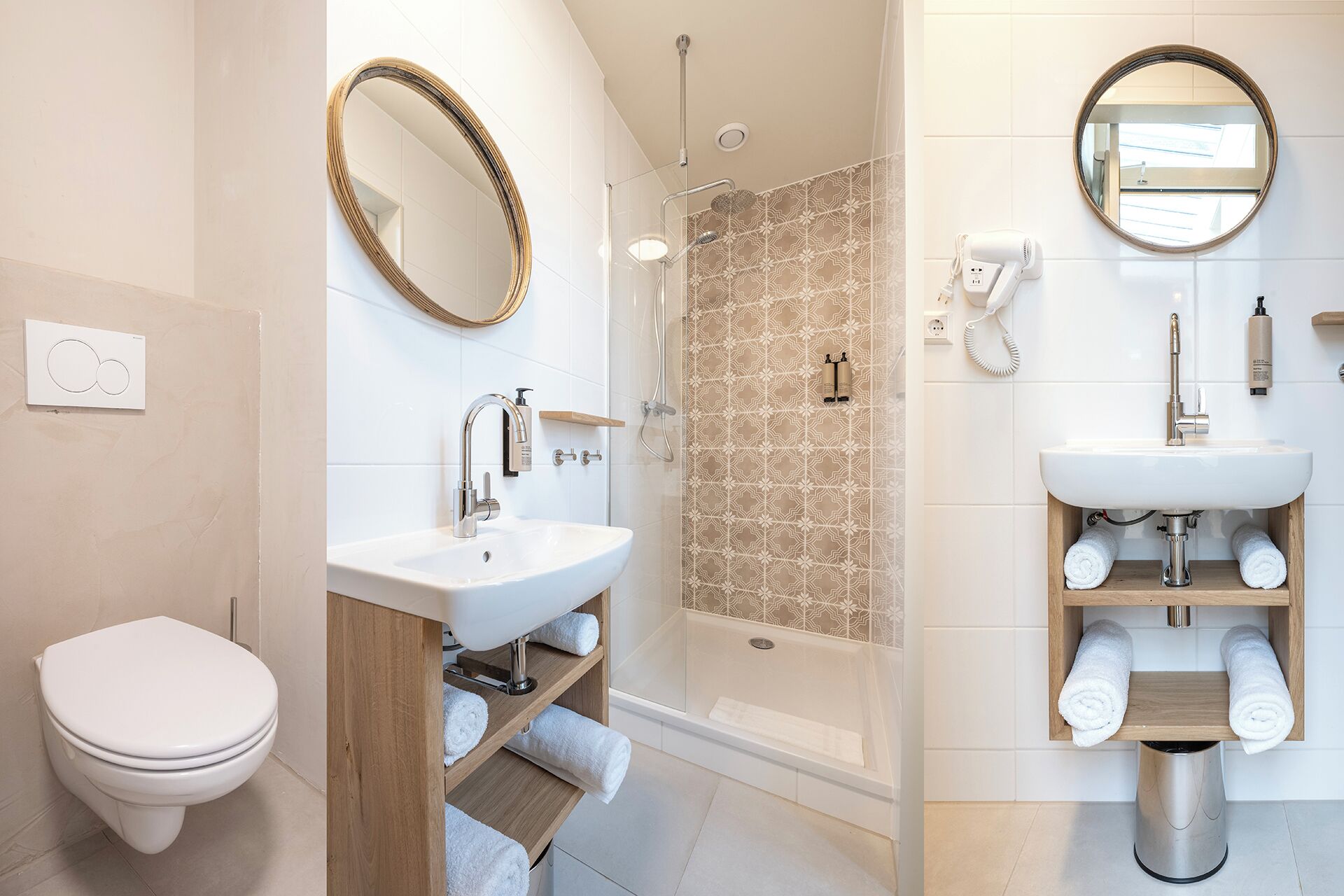 A modern bathroom with a toilet, a sink, a shower, and a mirror.